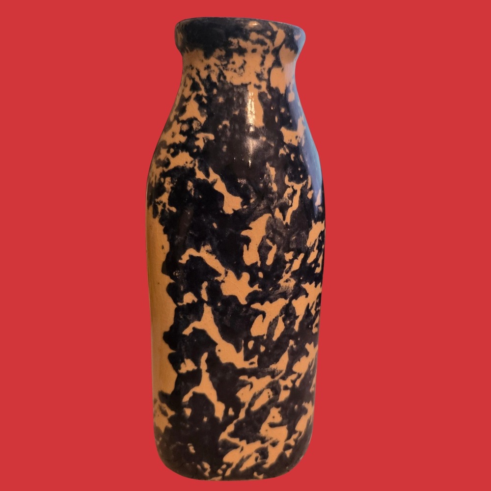 Alpine Pottery Roseville Ohio Blue Spongeware Heart Milk Bottle Bud Vase 6 inch - Picture 4 of 8